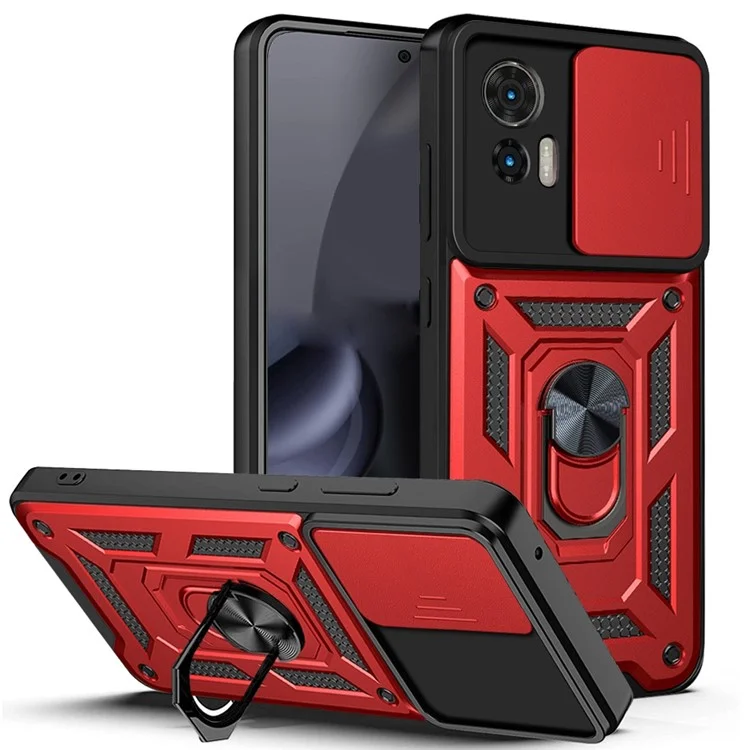 For Motorola Edge 30 Neo 5G  /  Edge 30 Lite Fall Prevention PC + TPU Hybrid Cover with Ring Kickstand Phone Case with Slide Camera Protector - Black-Cellmalls