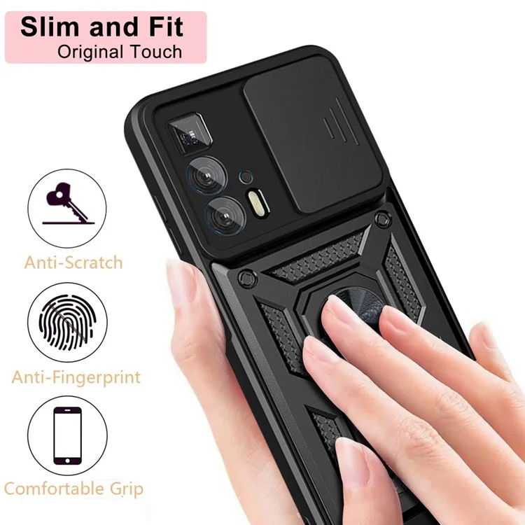 For Motorola Edge 20 Pro Hard PC + TPU Dual Layer Armor Phone Case Slide Lens Protection  Kickstand Scratch-Resistant Cover with Built-in Rotate Magnetic Metal Sheet - Black-Cellmalls