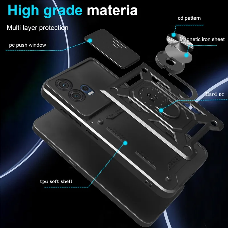 For Motorola Edge 30 Fusion 5G  /  Moto S30 Pro 5G Case with Slide Camera Lid PC + TPU Kickstand Phone Cover - Black-Cellmalls