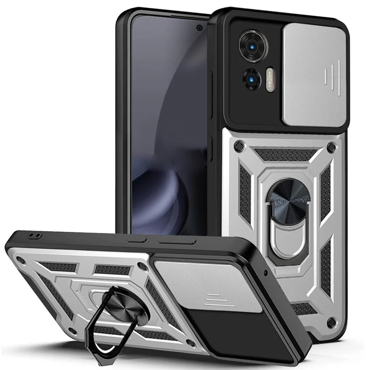 For Motorola Edge 30 Neo 5G  /  Edge 30 Lite Fall Prevention PC + TPU Hybrid Cover with Ring Kickstand Phone Case with Slide Camera Protector - Black-Cellmalls