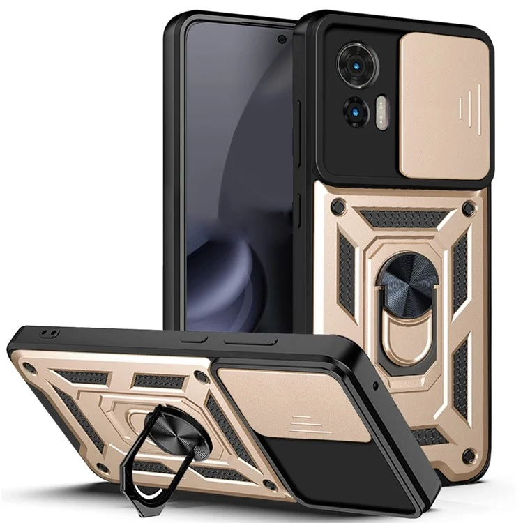 For Motorola Edge 30 Neo 5G  /  Edge 30 Lite Fall Prevention PC + TPU Hybrid Cover with Ring Kickstand Phone Case with Slide Camera Protector - Black-Cellmalls