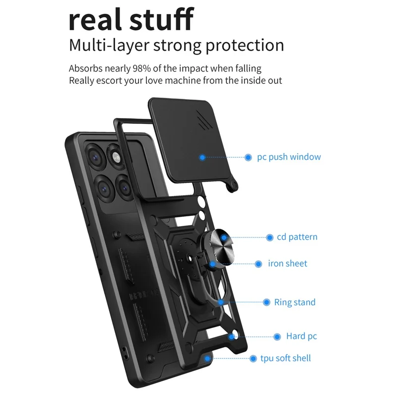 For Motorola Edge 60 Pro 5G Case with Slide Camera Lid PC + TPU Kickstand Phone Cover - Black-Cellmalls