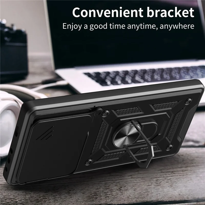 For Motorola Edge 60 Pro 5G Case with Slide Camera Lid PC + TPU Kickstand Phone Cover - Black-Cellmalls