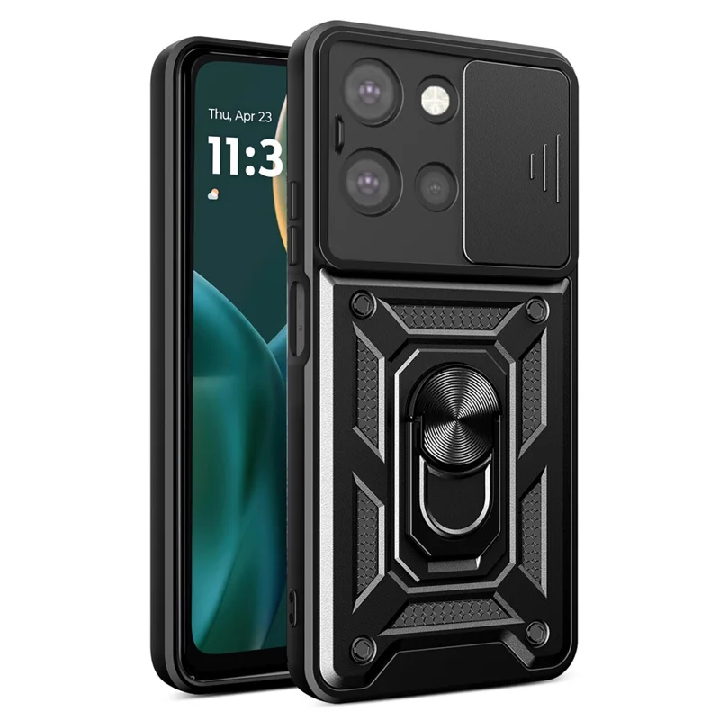 For Motorola Moto G (2025) 5G Case with Slide Camera Lid PC + TPU Kickstand Phone Cover - Black-Cellmalls