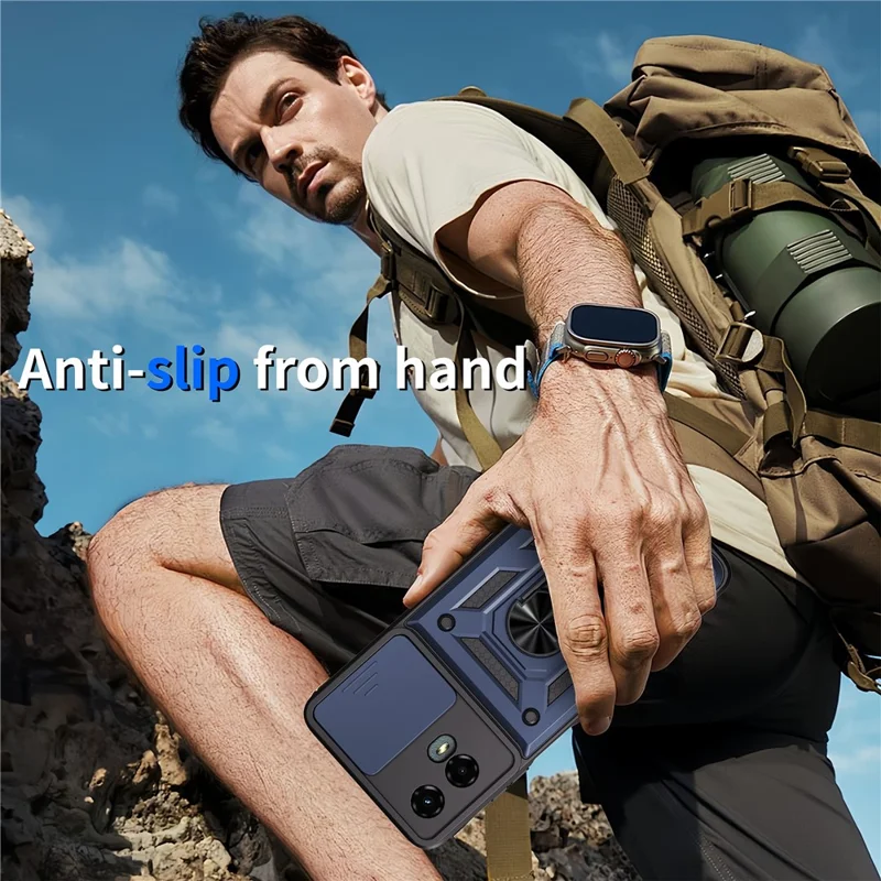 For Motorola Moto G 5G (2024) Case with Slide Camera Lid PC + TPU Kickstand Phone Cover - Blue-Cellmalls