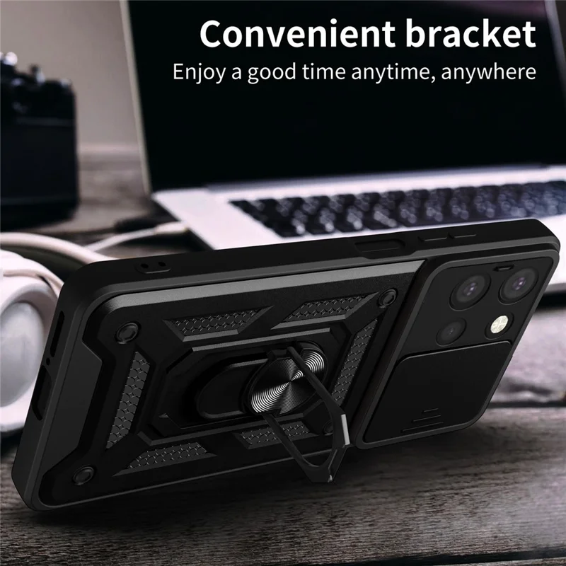 For Motorola Moto G (2025) 5G Case with Slide Camera Lid PC + TPU Kickstand Phone Cover - Black-Cellmalls