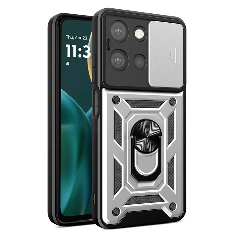 For Motorola Moto G (2025) 5G Case with Slide Camera Lid PC + TPU Kickstand Phone Cover - Black-Cellmalls