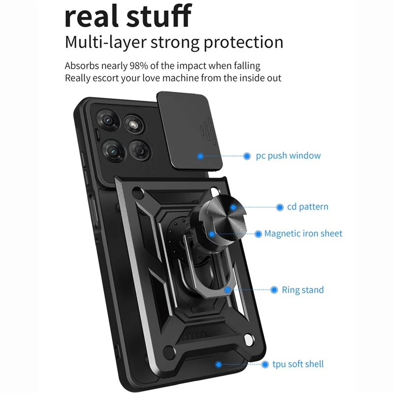 For Motorola Moto G Power (2025) Case with Slide Camera Lid PC + TPU Kickstand Phone Cover - Black-Cellmalls
