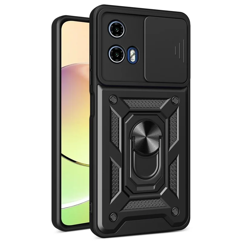 For Motorola Moto G04 4G / G24 4G Phone Shell PC+TPU Back Cover with Lens Protector + Kickstand - Black-Cellmalls