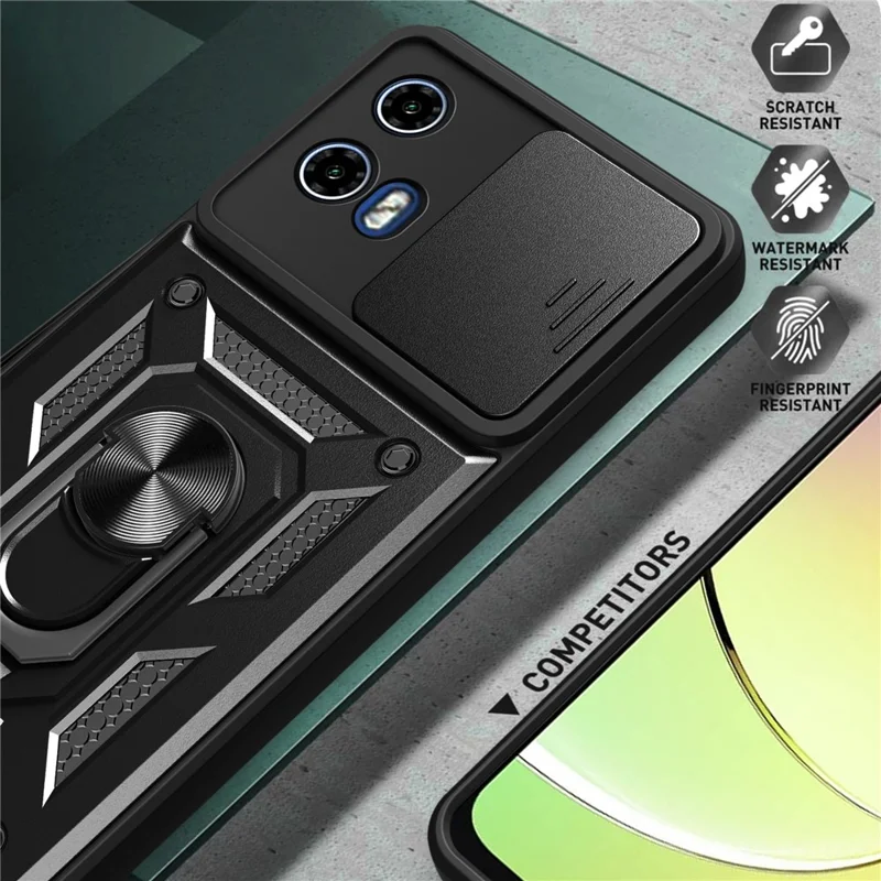 For Motorola Moto G04 4G / G24 4G Phone Shell PC+TPU Back Cover with Lens Protector + Kickstand - Black-Cellmalls