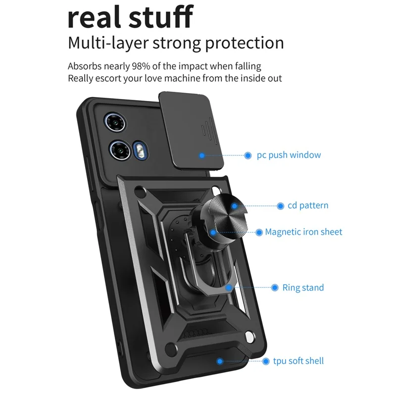 For Motorola Moto G04 4G / G24 4G Phone Shell PC+TPU Back Cover with Lens Protector + Kickstand - Black-Cellmalls