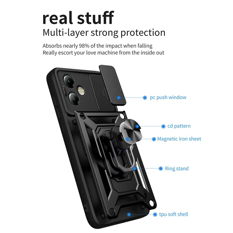 For Motorola Moto G14 4G Cover Slide Lens Lid PC+TPU Protective Phone Case - Black-Cellmalls