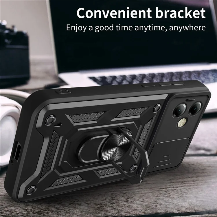 For Motorola Moto G14 4G Cover Slide Lens Lid PC+TPU Protective Phone Case - Black-Cellmalls