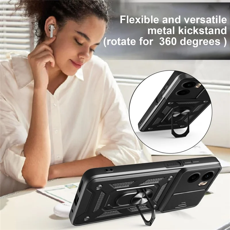 For Motorola Moto G05 4G Case with Slide Camera Lid PC + TPU Kickstand Phone Cover - Black-Cellmalls