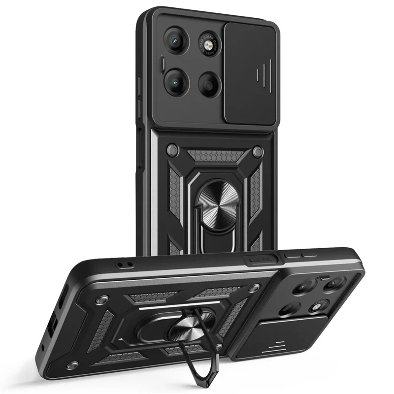 For Motorola Moto G15 4G Case with Slide Camera Lid PC + TPU Kickstand Phone Cover - Black-Cellmalls