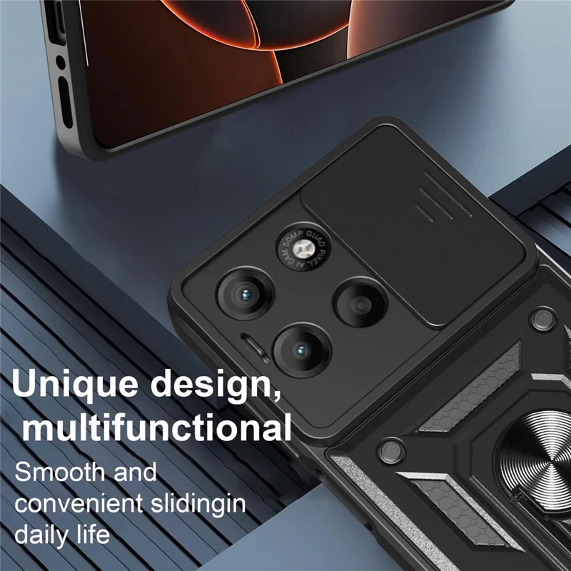 For Motorola Moto G15 4G Case with Slide Camera Lid PC + TPU Kickstand Phone Cover - Black-Cellmalls