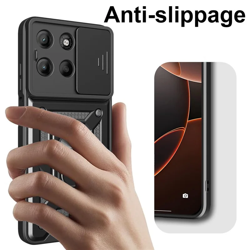 For Motorola Moto G15 4G Case with Slide Camera Lid PC + TPU Kickstand Phone Cover - Black-Cellmalls