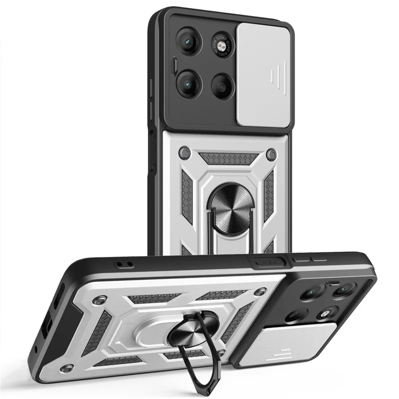 For Motorola Moto G15 4G Case with Slide Camera Lid PC + TPU Kickstand Phone Cover - Black-Cellmalls