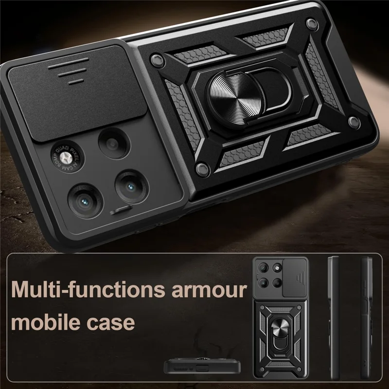 For Motorola Moto G15 4G Case with Slide Camera Lid PC + TPU Kickstand Phone Cover - Black-Cellmalls