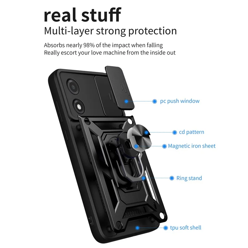 For Motorola Moto E13 4G Kickstand Slide Push Pull Camera Lens Protection Cover PC+TPU Mobile Phone Case - Black-Cellmalls