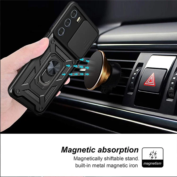For Motorola Moto G200 5G/Edge S30 Cell Phone Case Camera Protection Slide Shell Anti-drop PC + TPU Ring Kickstand Smartphone Cover - Black-Cellmalls