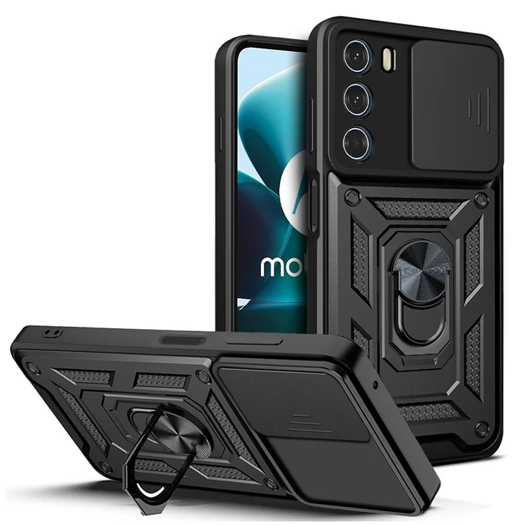 For Motorola Moto G200 5G/Edge S30 Cell Phone Case Camera Protection Slide Shell Anti-drop PC + TPU Ring Kickstand Smartphone Cover - Black-Cellmalls