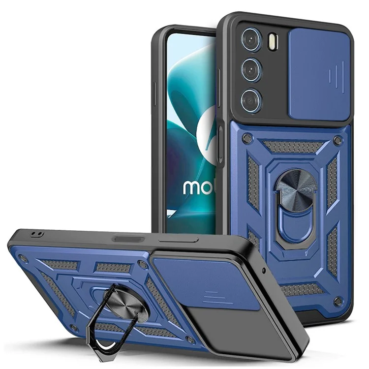 For Motorola Moto G200 5G/Edge S30 Cell Phone Case Camera Protection Slide Shell Anti-drop PC + TPU Ring Kickstand Smartphone Cover - Black-Cellmalls