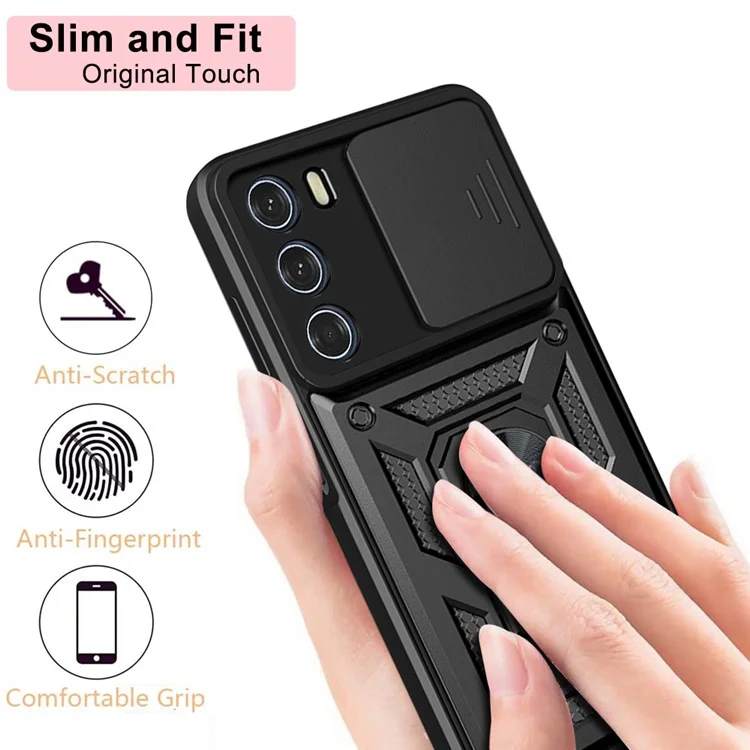 For Motorola Moto G200 5G/Edge S30 Cell Phone Case Camera Protection Slide Shell Anti-drop PC + TPU Ring Kickstand Smartphone Cover - Black-Cellmalls
