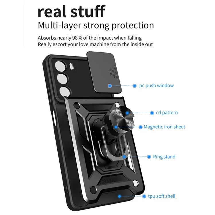 For Motorola Moto G200 5G/Edge S30 Cell Phone Case Camera Protection Slide Shell Anti-drop PC + TPU Ring Kickstand Smartphone Cover - Black-Cellmalls