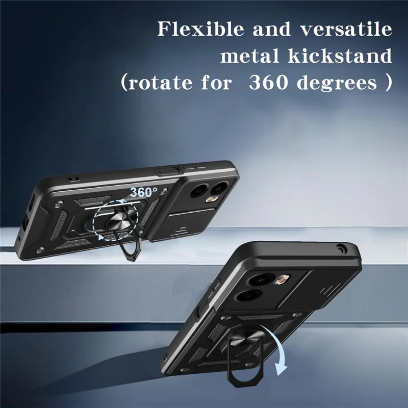 For Motorola Moto G05 4G Case with Slide Camera Lid PC + TPU Kickstand Phone Cover - Black-Cellmalls