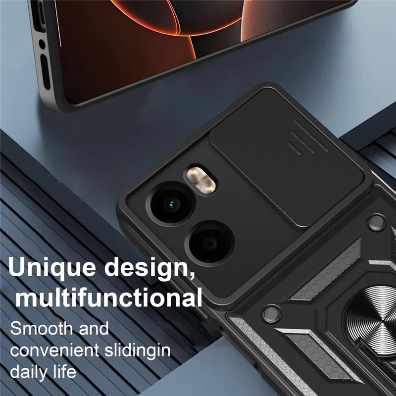 For Motorola Moto G05 4G Case with Slide Camera Lid PC + TPU Kickstand Phone Cover - Black-Cellmalls