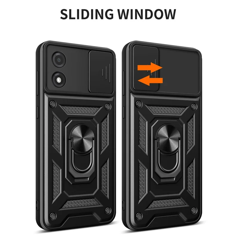 For Motorola Moto E13 4G Kickstand Slide Push Pull Camera Lens Protection Cover PC+TPU Mobile Phone Case - Black-Cellmalls