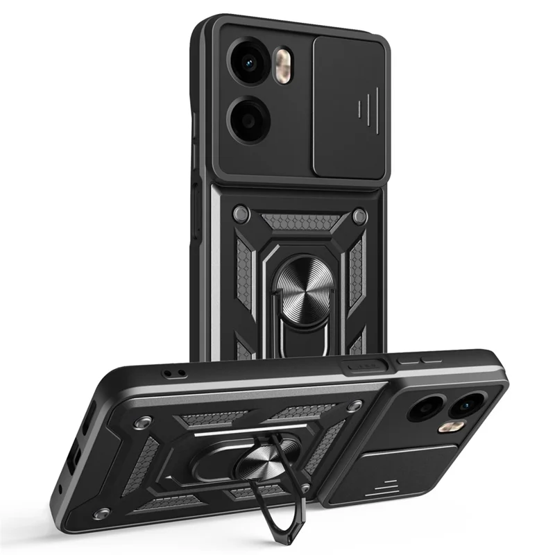 For Motorola Moto G05 4G Case with Slide Camera Lid PC + TPU Kickstand Phone Cover - Black-Cellmalls