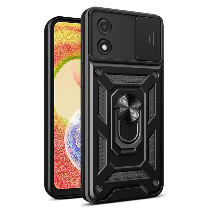 For Motorola Moto E13 4G Kickstand Slide Push Pull Camera Lens Protection Cover PC+TPU Mobile Phone Case - Black-Cellmalls