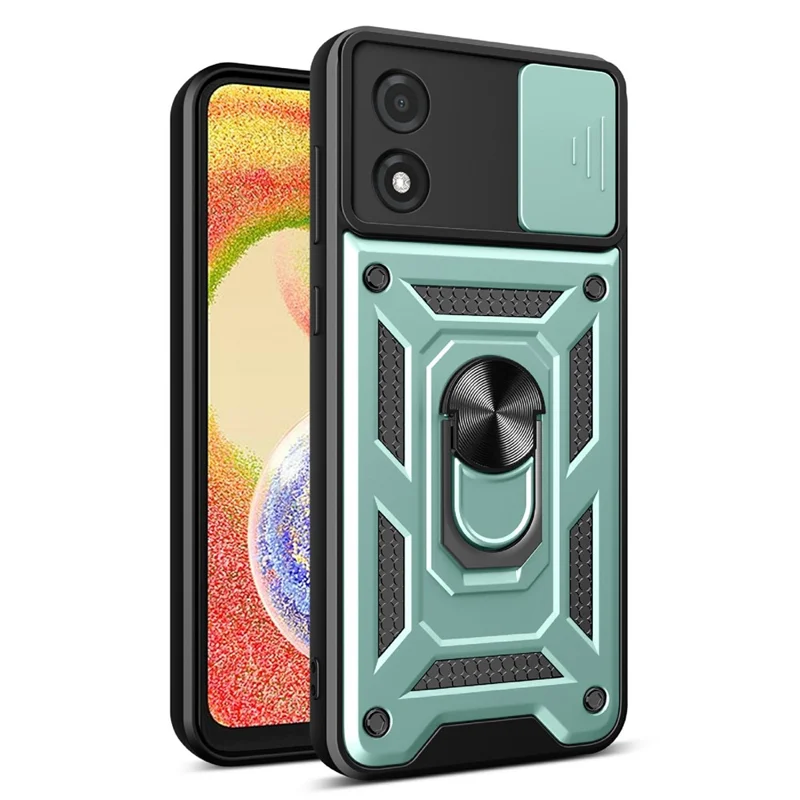 For Motorola Moto E13 4G Kickstand Slide Push Pull Camera Lens Protection Cover PC+TPU Mobile Phone Case - Black-Cellmalls