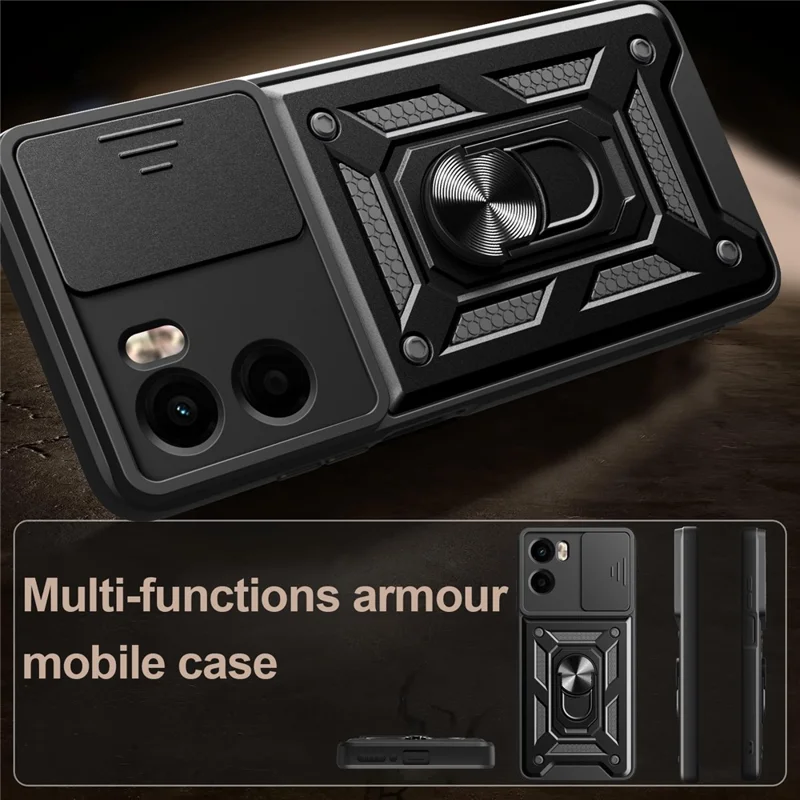 For Motorola Moto G05 4G Case with Slide Camera Lid PC + TPU Kickstand Phone Cover - Black-Cellmalls