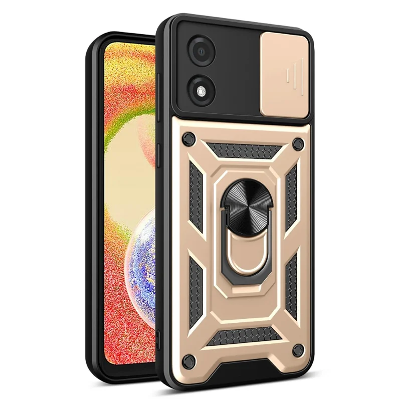 For Motorola Moto E13 4G Kickstand Slide Push Pull Camera Lens Protection Cover PC+TPU Mobile Phone Case - Black-Cellmalls