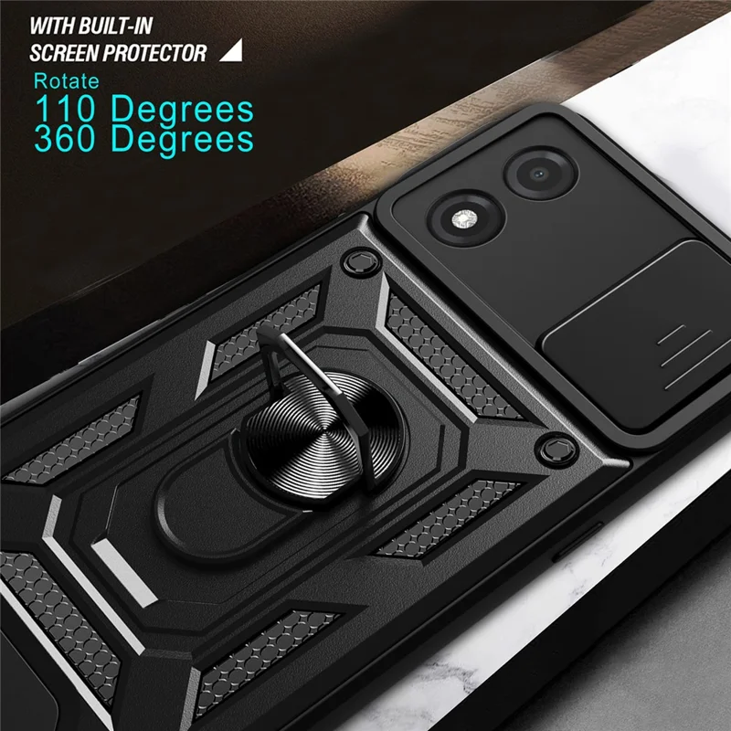 For Motorola Moto E13 4G Kickstand Slide Push Pull Camera Lens Protection Cover PC+TPU Mobile Phone Case - Black-Cellmalls