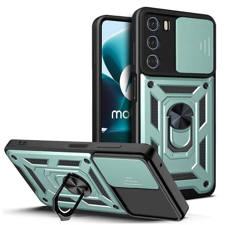 For Motorola Moto G200 5G/Edge S30 Cell Phone Case Camera Protection Slide Shell Anti-drop PC + TPU Ring Kickstand Smartphone Cover - Black-Cellmalls