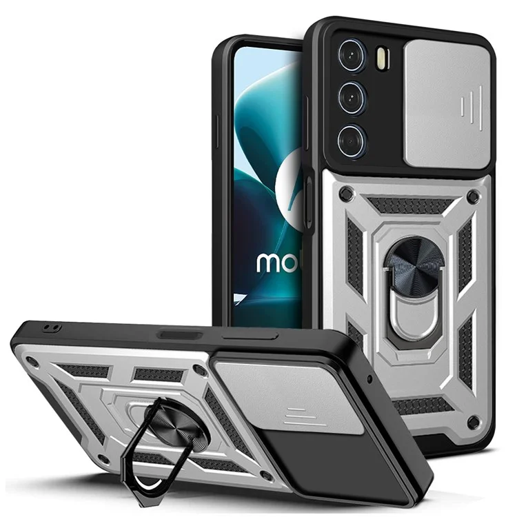 For Motorola Moto G200 5G/Edge S30 Cell Phone Case Camera Protection Slide Shell Anti-drop PC + TPU Ring Kickstand Smartphone Cover - Black-Cellmalls