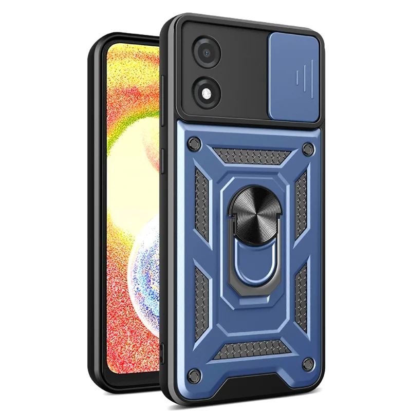 For Motorola Moto E13 4G Kickstand Slide Push Pull Camera Lens Protection Cover PC+TPU Mobile Phone Case - Black-Cellmalls