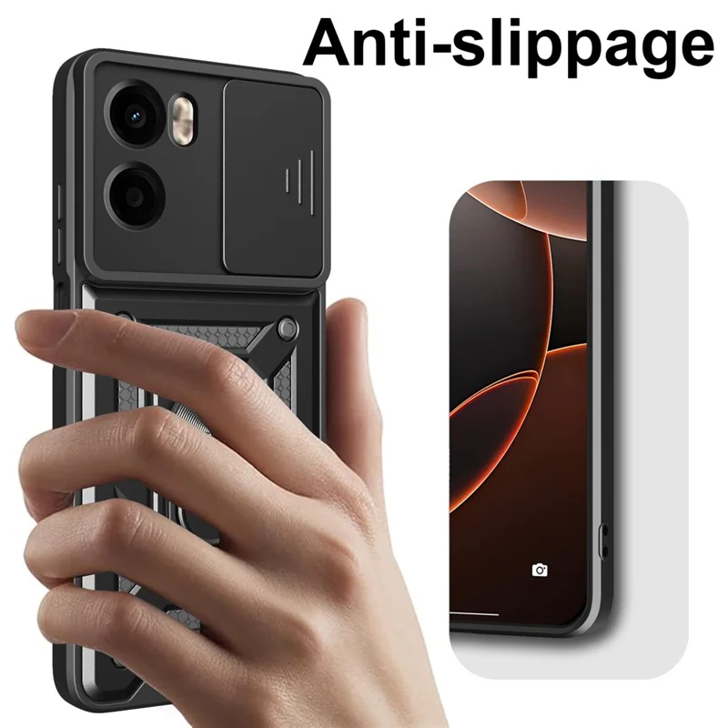 For Motorola Moto G05 4G Case with Slide Camera Lid PC + TPU Kickstand Phone Cover - Black-Cellmalls