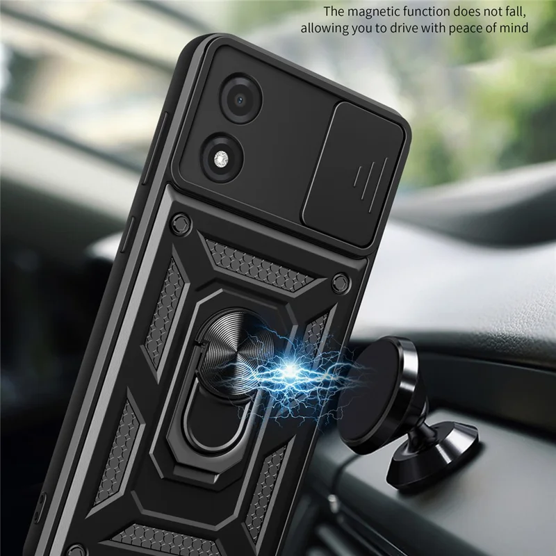 For Motorola Moto E13 4G Kickstand Slide Push Pull Camera Lens Protection Cover PC+TPU Mobile Phone Case - Black-Cellmalls