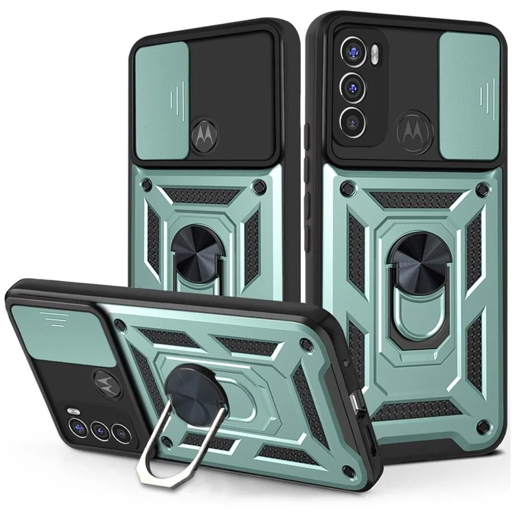 Camera Slide Protector PC + TPU Phone Back Cover Shell with Ring Holder Kickstand for Motorola Moto G60 - Black-Cellmalls
