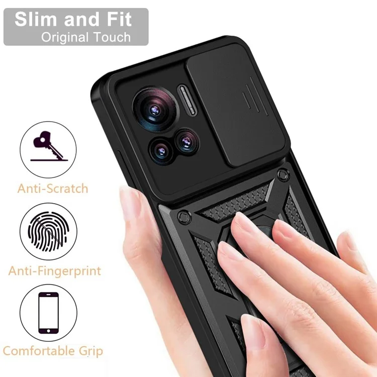 PC + TPU Phone Cover For Motorola Moto X30 Pro 5G / Edge 30 Ultra 5G Ring Kickstand Anti-fall Phone Case with Slide Camera Lid - Black-Cellmalls