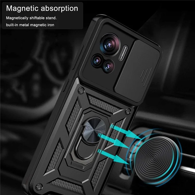 PC + TPU Phone Cover For Motorola Moto X30 Pro 5G / Edge 30 Ultra 5G Ring Kickstand Anti-fall Phone Case with Slide Camera Lid - Black-Cellmalls