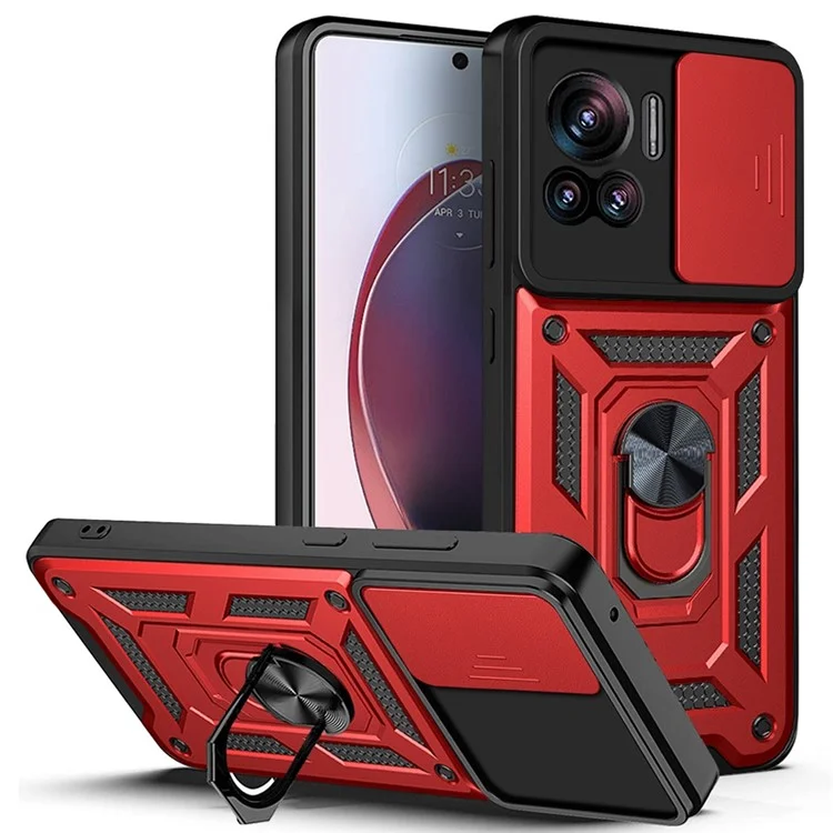 PC + TPU Phone Cover For Motorola Moto X30 Pro 5G / Edge 30 Ultra 5G Ring Kickstand Anti-fall Phone Case with Slide Camera Lid - Black-Cellmalls