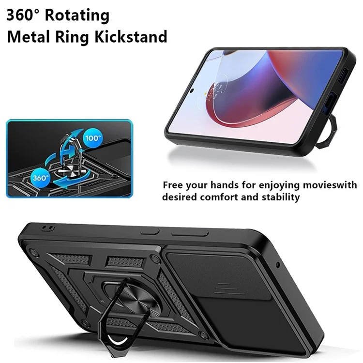 PC + TPU Phone Cover For Motorola Moto X30 Pro 5G / Edge 30 Ultra 5G Ring Kickstand Anti-fall Phone Case with Slide Camera Lid - Black-Cellmalls