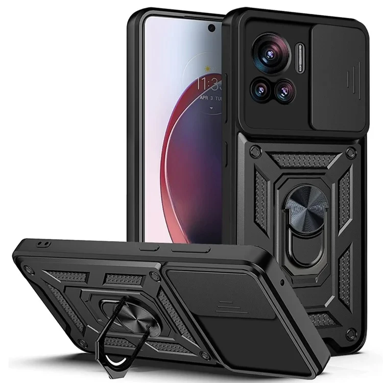 PC + TPU Phone Cover For Motorola Moto X30 Pro 5G / Edge 30 Ultra 5G Ring Kickstand Anti-fall Phone Case with Slide Camera Lid - Black-Cellmalls