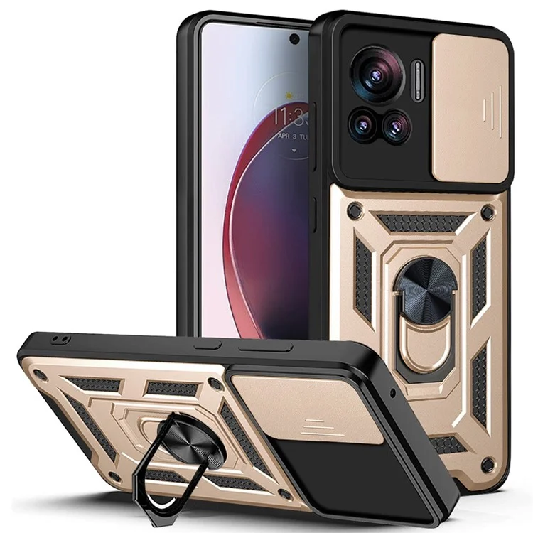 PC + TPU Phone Cover For Motorola Moto X30 Pro 5G / Edge 30 Ultra 5G Ring Kickstand Anti-fall Phone Case with Slide Camera Lid - Black-Cellmalls
